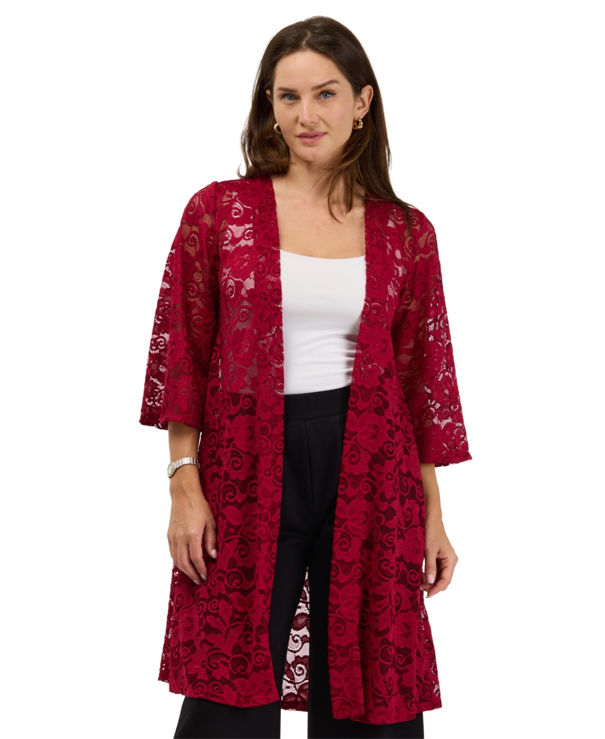 24seven Comfort Apparel Women's Lace Floral-Print 3/4-Sleeve Jacket - Wine