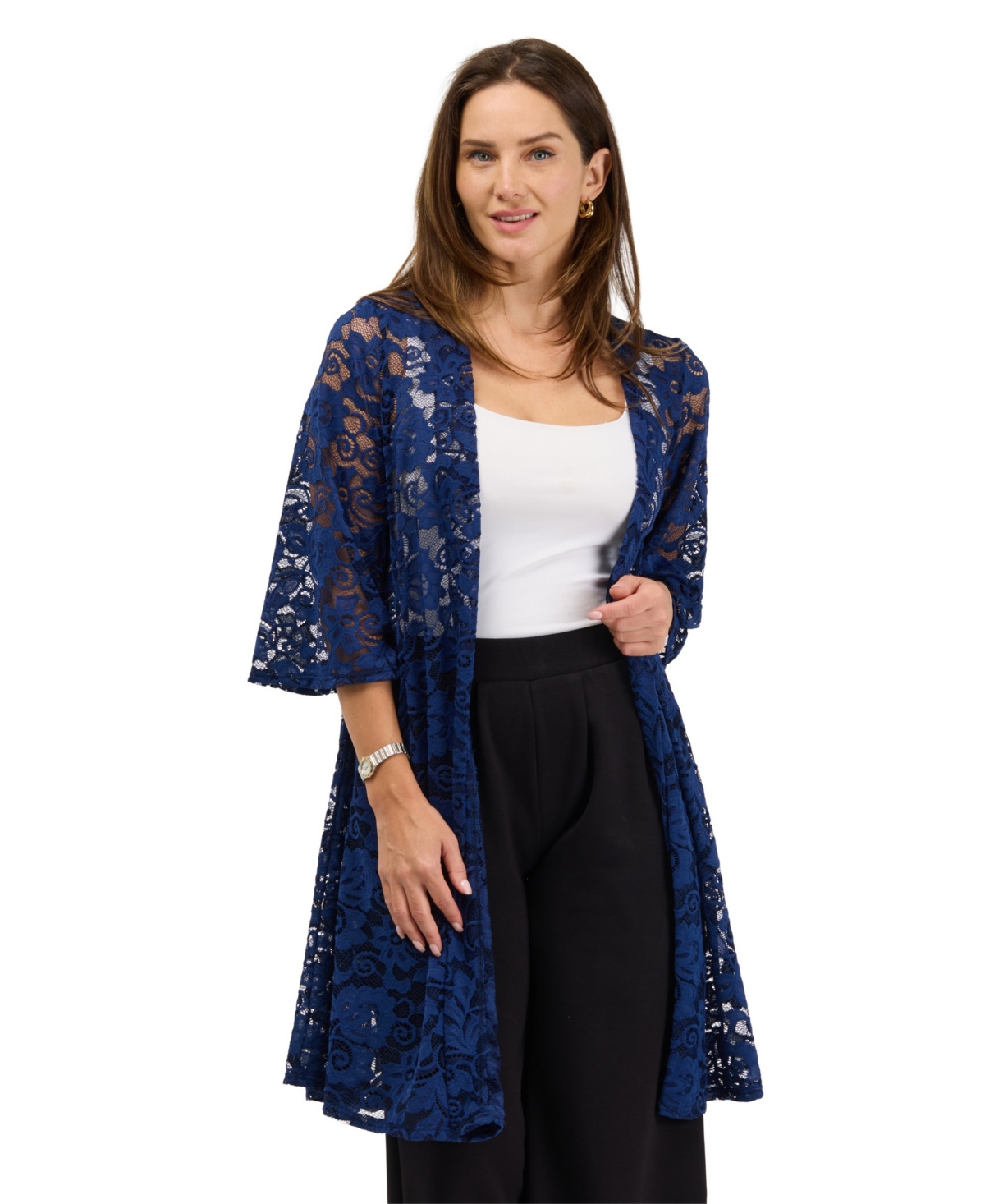 24seven Comfort Apparel Women's Lace Floral-Print 3/4-Sleeve Jacket - Navy