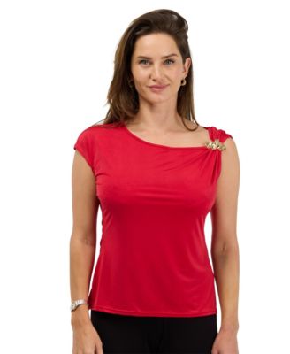 Women's Brooch Asymmetrical-Draped Boat Neck Top