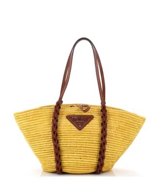 Medium Basket Tote Woven Raffia with Leather