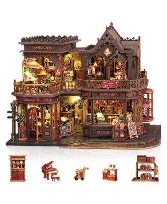 Bookstore Cafe DIY Miniature Dollhouse Kit with LED, 10.1"L x 8.0"W x 8.0"H, Ages 14+
