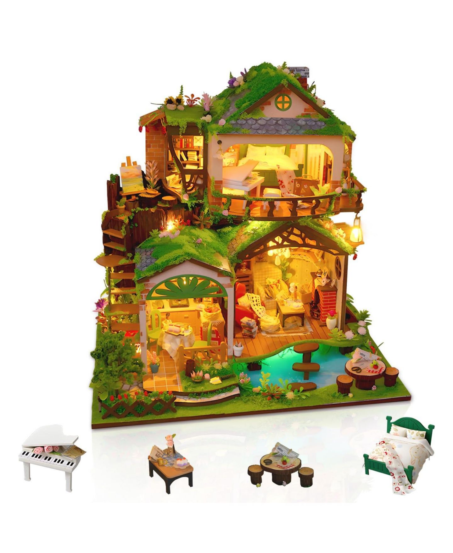 Набор для сборки кукольного домика Gnuadz Forest Treehouse на 3 комнаты с LED, 14+, цвет: Тёмно-зелёный — фото 1