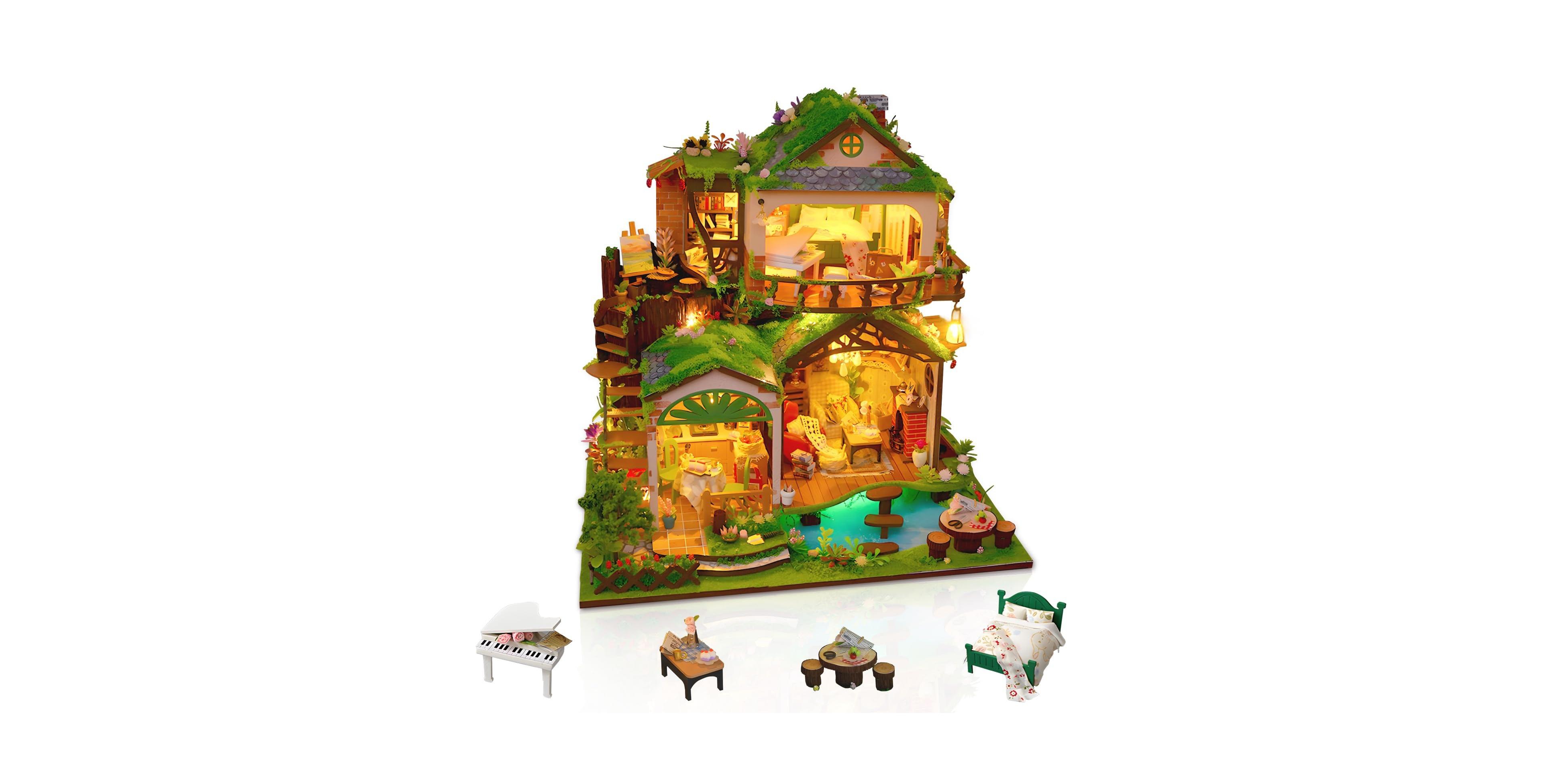 Gnuadz Forest Treehouse 3-Room Diy Dollhouse Kit with Led Lights, Ages 14+