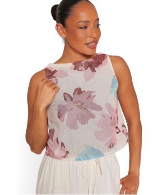 Women's Leni Sleeveless Boat Neck Floral-Print Linen-Blend Top