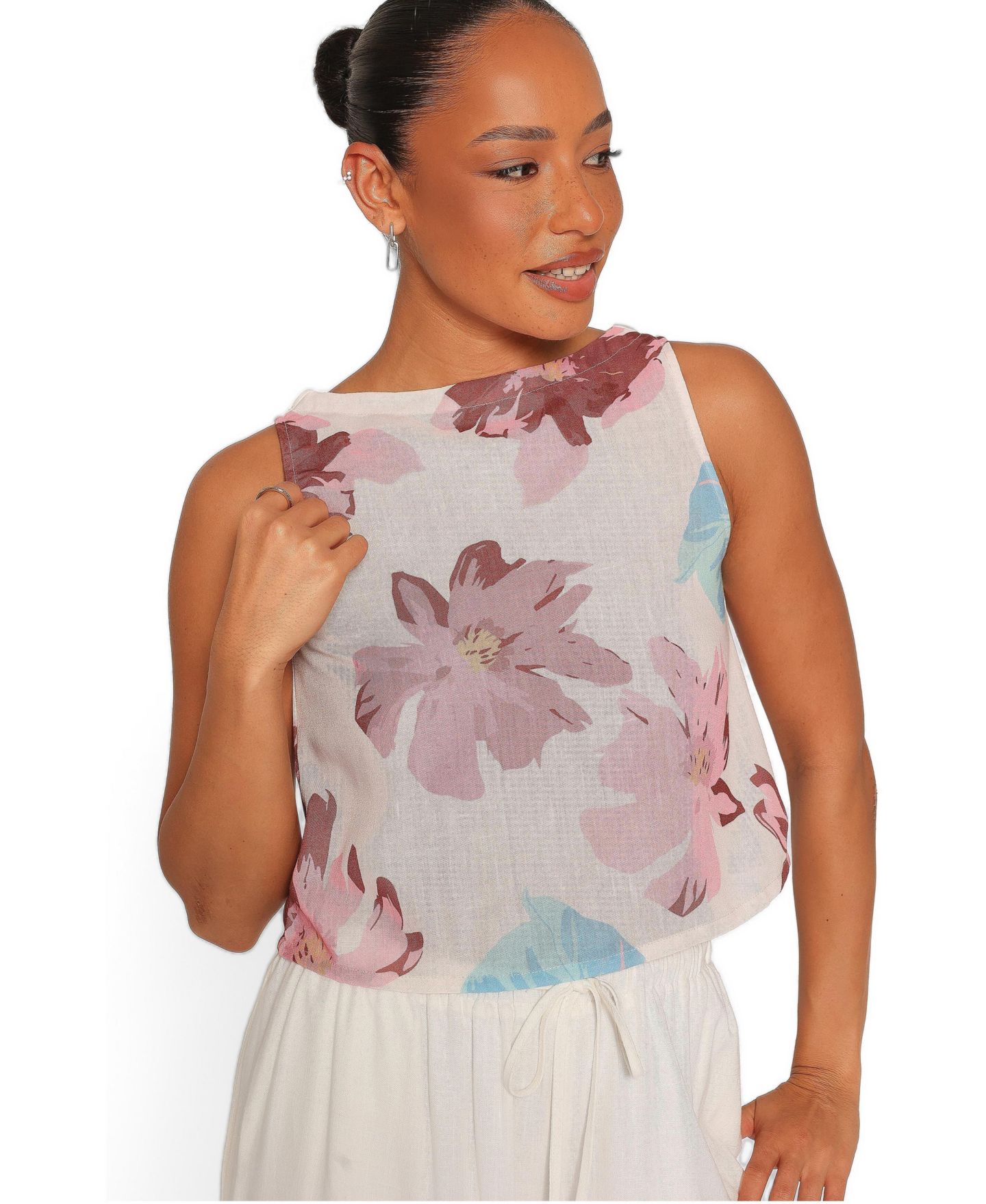 Женский топ Petal and Pup Leni Sleeveless Boat Neck Floral-Print Linen-Blend, цвет: Розовый с принтом — фото 1