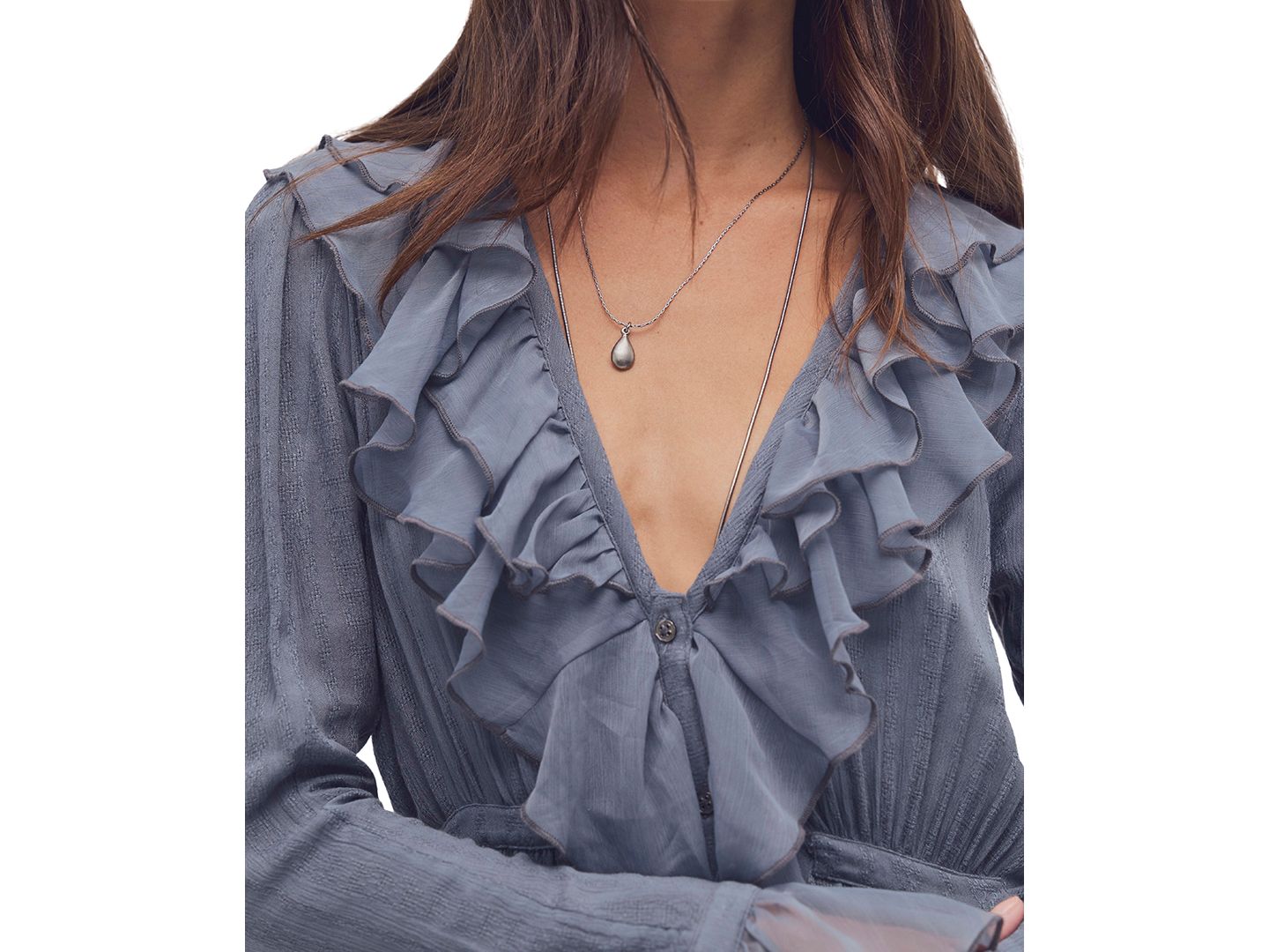 Женское платье Free People Isla A-Line Long-Sleeve Ruffle Midi, цвет: Серо-бежевый — фото 4
