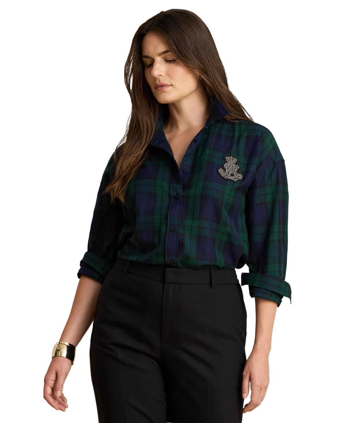 Lauren Ralph Women's Black Watch Plaid Relaxed-Fit Collared Shirt