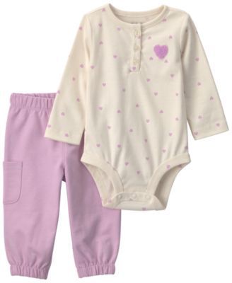 Baby Girls' Heart-Print Cotton Long-Sleeve Bodysuit and Pants, 2-Piece Set