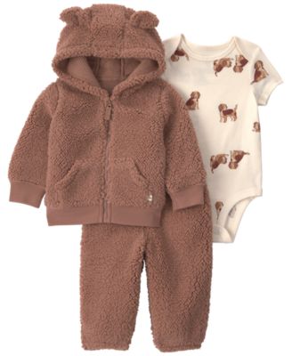 Baby Boys' Dog Sherpa Hooded Cardigan, Bodysuit and Jogger Pants, 3-Piece Set