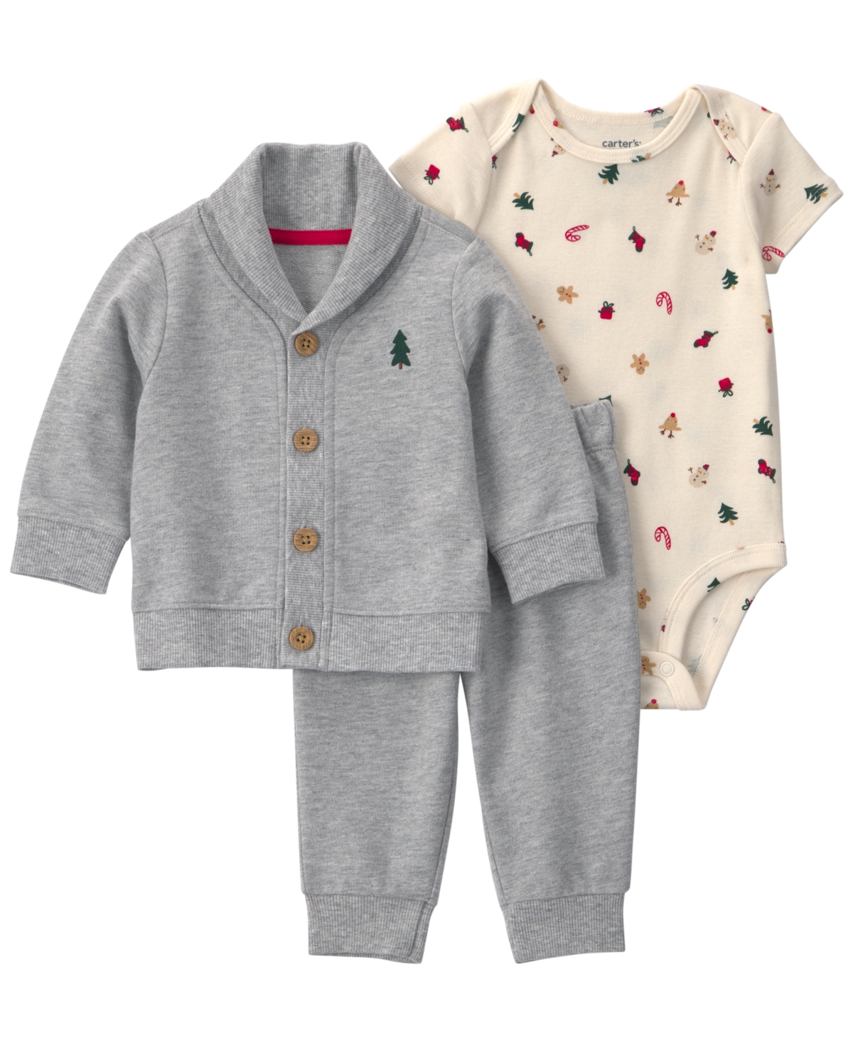 Carter's Baby Boys' Christmas Tree French Terry Cardigan, Bodysuit and Pants, 3-Piece Set