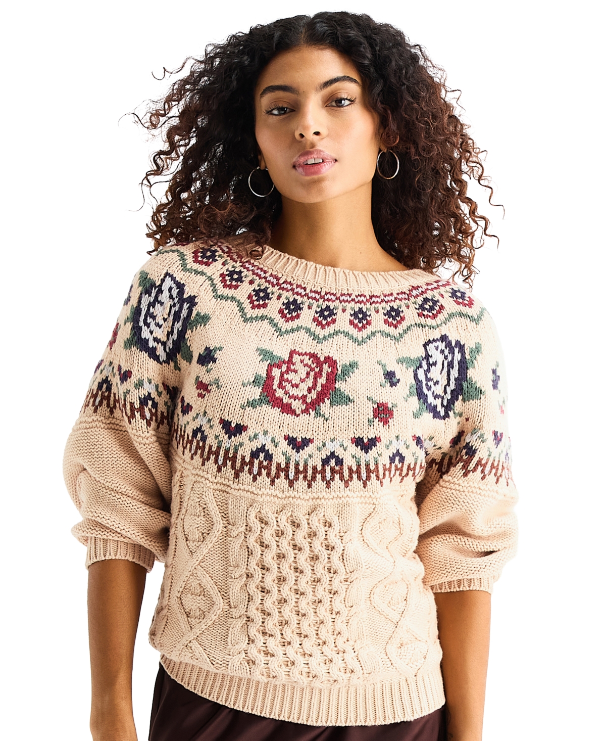 Lucky Brand Women's Fair Isle Cable-Knit Crew Sweater