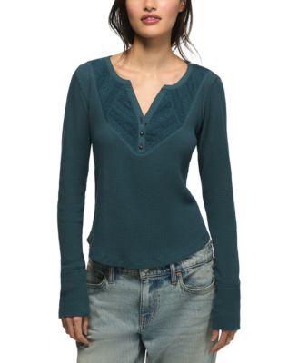 Women's Trim Mix Long-Sleeve V-Neck Lace-Trim Henley Top