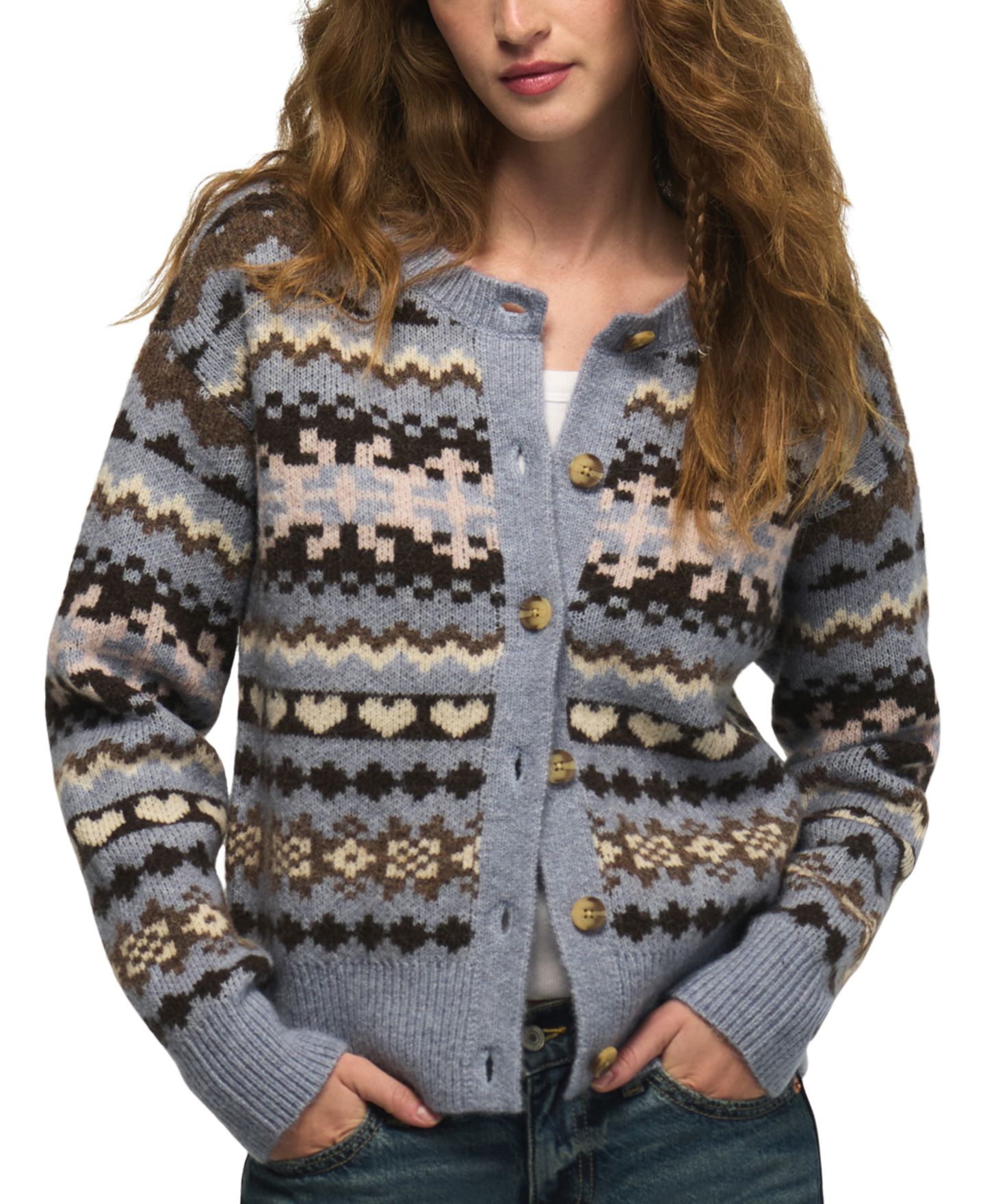 Женский кардиган Lucky Brand Fair Isle Crew Neck Cardigan, цвет: Серо-бежевый — фото 4