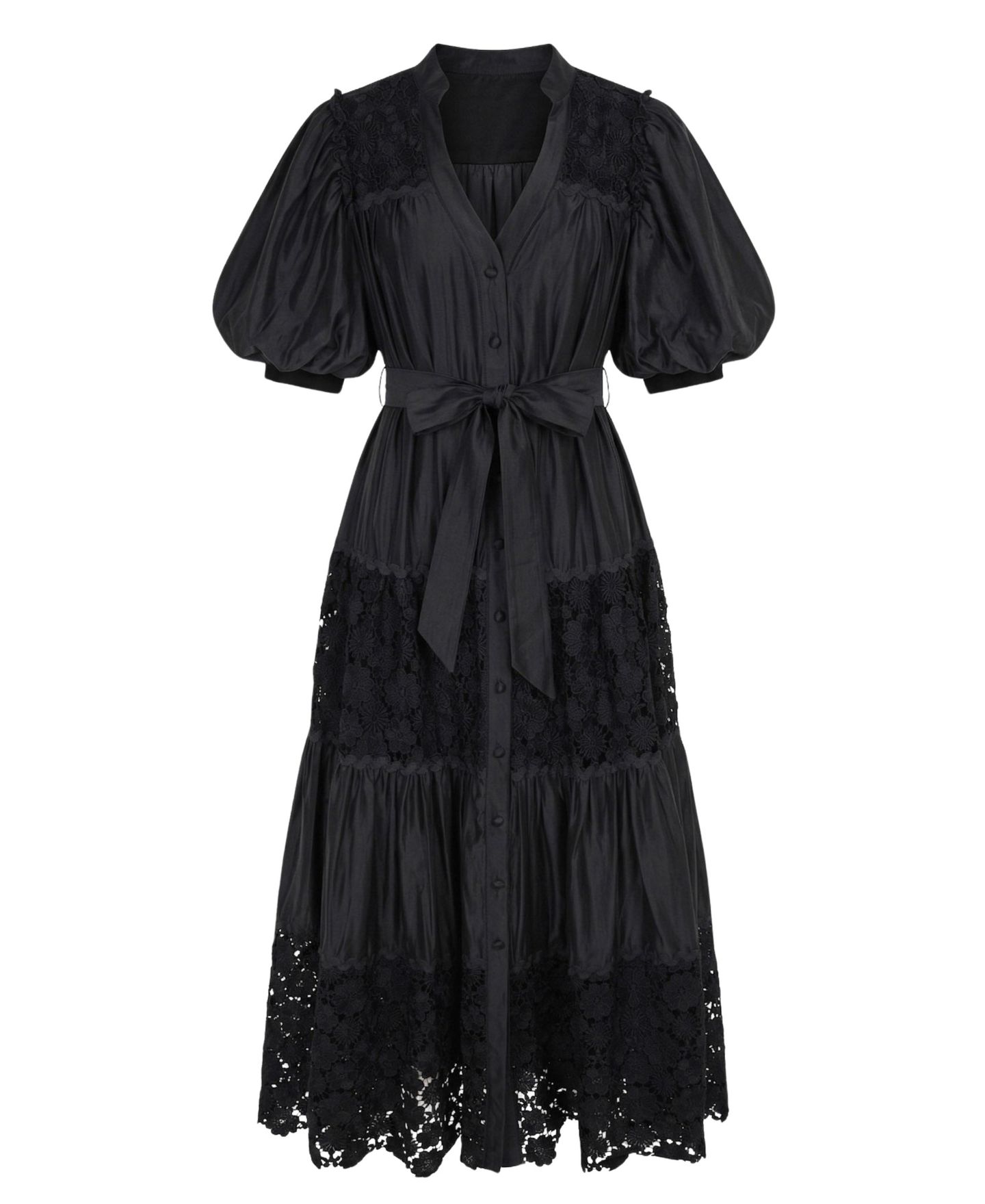 Женское платье Modenaire V-Neck Puff-Sleeve Lace-Panel Midi, цвет: Чёрный — фото 7