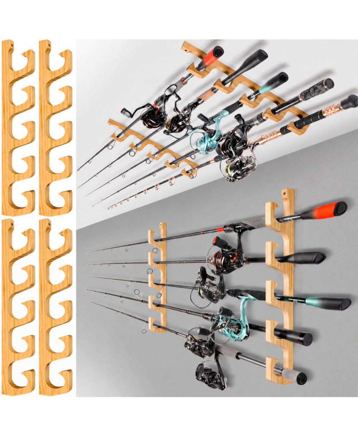 Magicorange Solid Wood Fishing Rod Holder Wall Ceiling Mount Storage Rack for Poles Nets