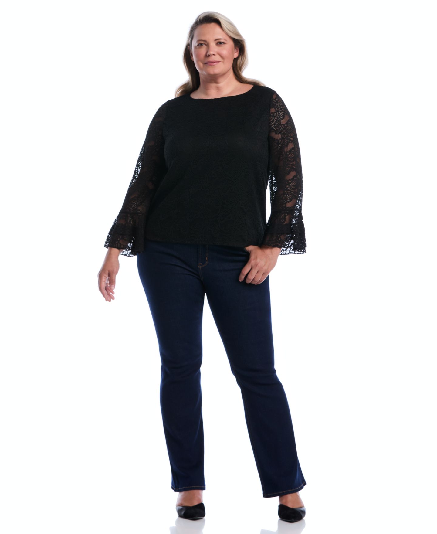 Женская блузка Rafaella Plus Size Lace Ruffle Sleeve B Boatneck, цвет: Чёрный — фото 2