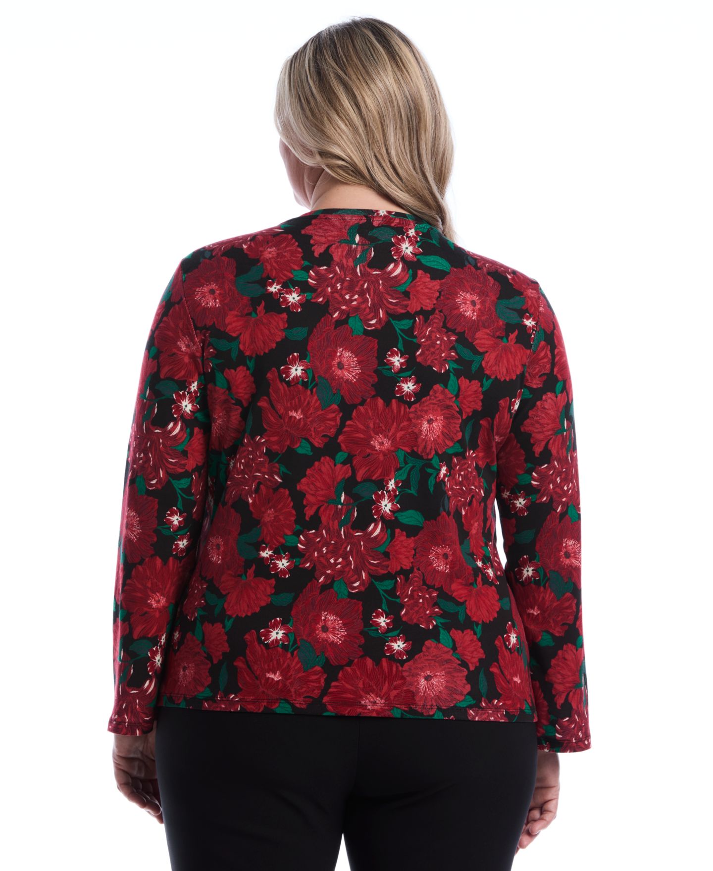 Женская футболка Rafaella Plus Size Floral-Print Bell-Sleeve Embellished, цвет: Красный — фото 6