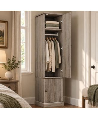72-Inch Fluted Wood Armoire Wardrobe, Narrow Bedroom Closet with Hanging Rail, Adjustable Shelves, Soft-Close Doors, Anti-Tip Kit, Retro Gray