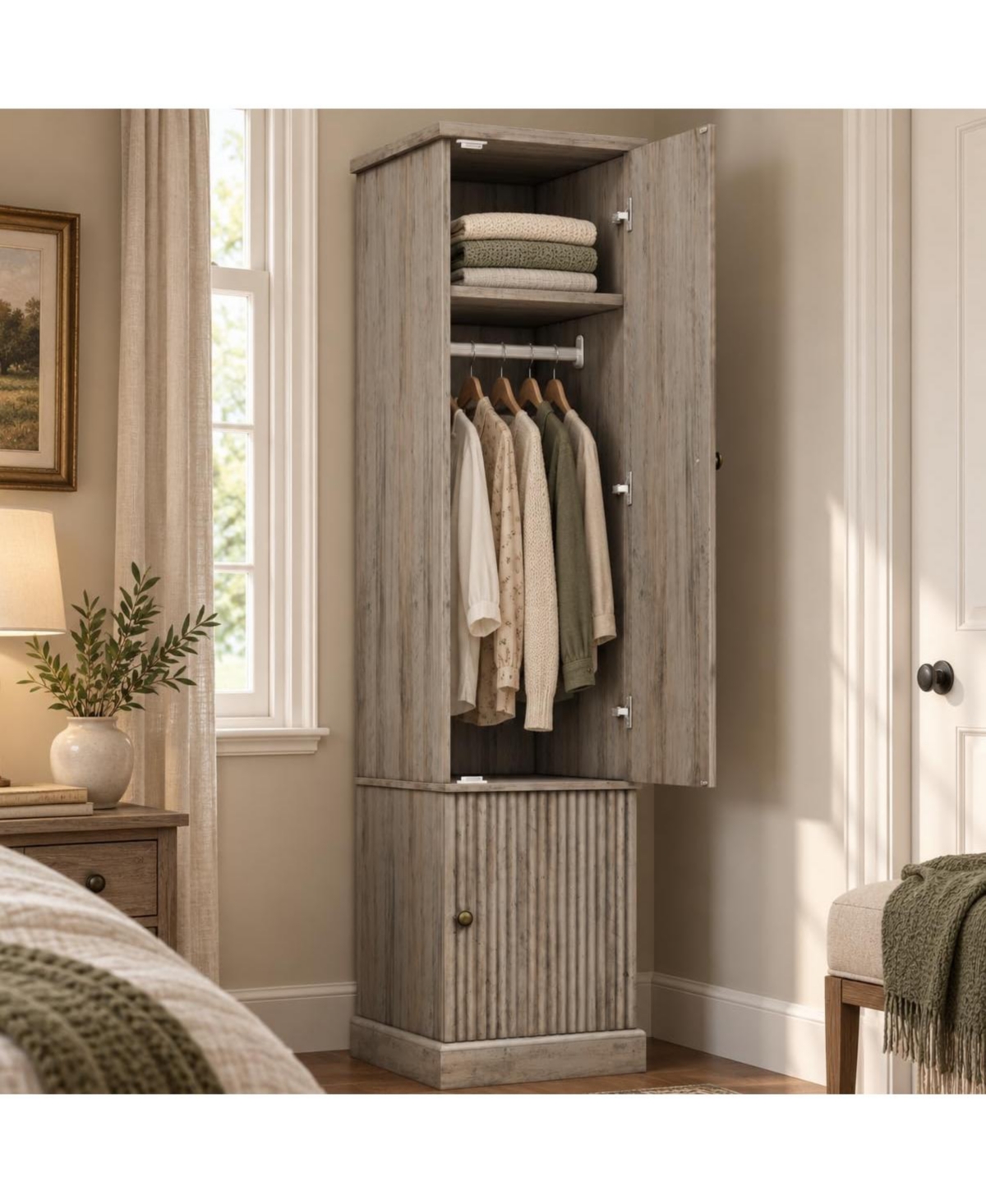 72-Inch Fluted Wood Armoire Wardrobe, Narrow Bedroom Closet with Hanging Rail, Adjustable Shelves, Soft-Close Doors, Anti-Tip Kit, Retro Gray