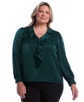 Plus Size Puff-Sleeve Ruffle V Blouse