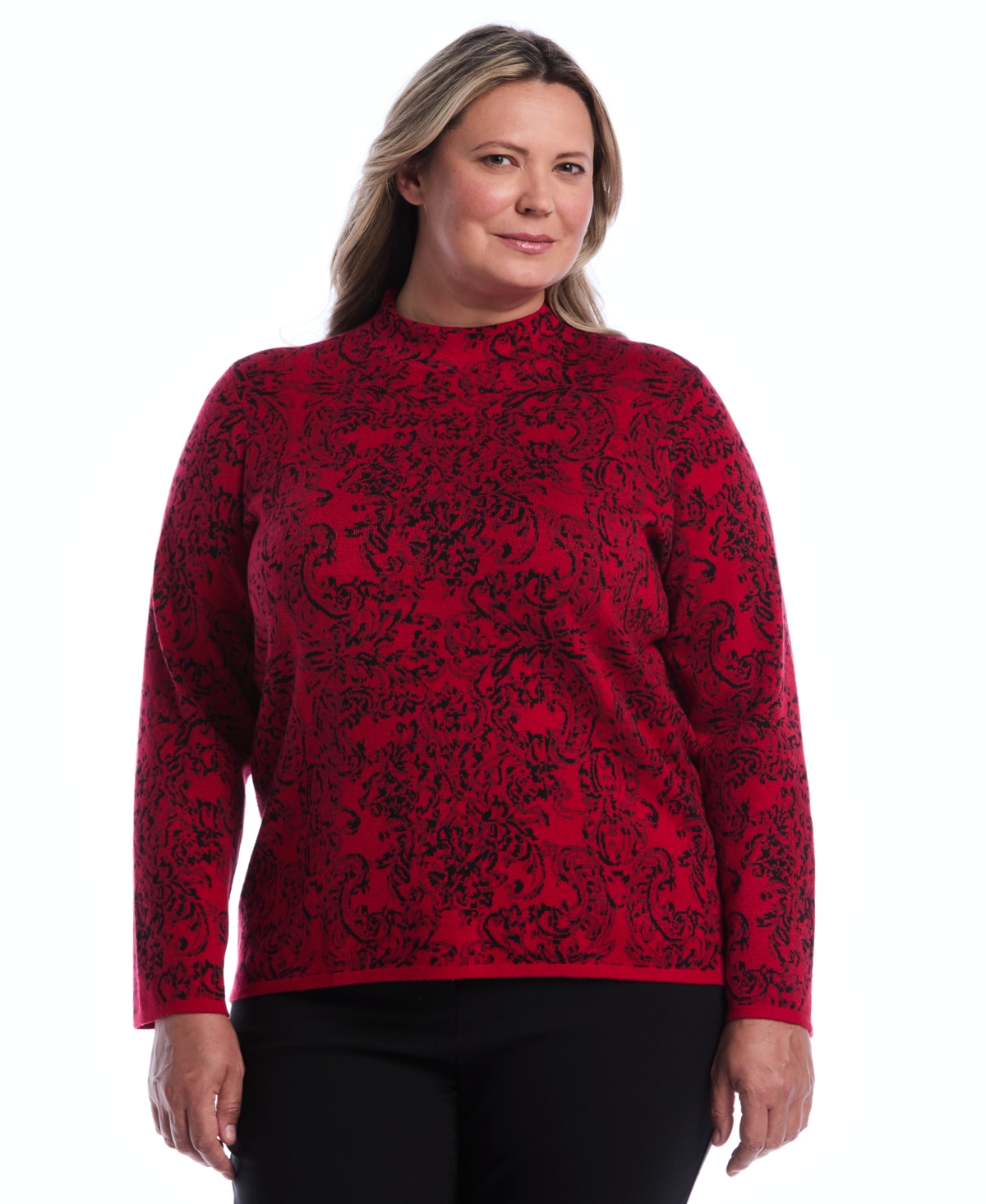 Rafaella Women's Plus Size Floral Paisley Print Mock Neck Sweater Top in Jester Red, Size 3X, Viscose/Polyester/Polyamide