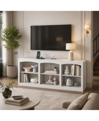 TV Stand with Built-in Power Outlet, Open Storage Entertainment Center with USB and Type-C Ports, Modern Console Table