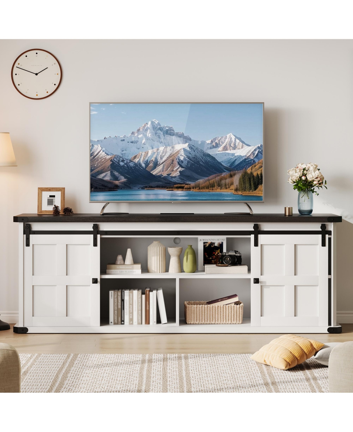 homfan 70" Farmhouse Tv Stand for TVs Up to 75", Sliding Barn Door Media Console with Storage Cabinets, for Living Room