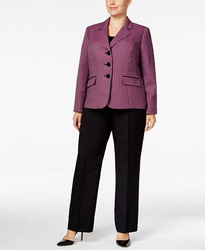 Le Suit Plus Size Three-Button Tweed Pantsuit