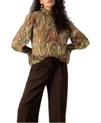 Women's Paisley Print Puff-Sleeve Mock-Neck Blouse