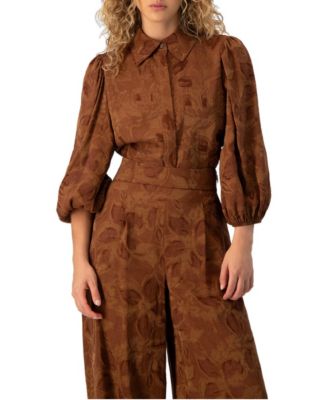 Women's Floral Jacquard Puff-Sleeve Button-Down Collared Shirt