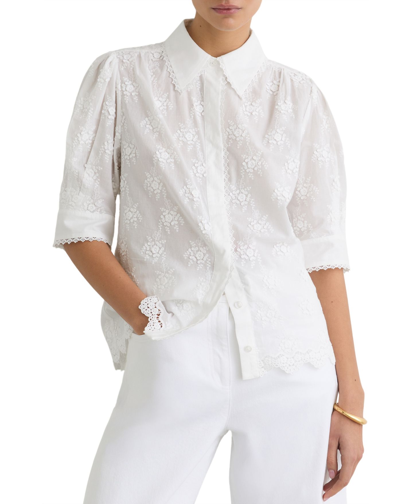 Женская рубашка REISS Edwina Embroidered Point Collar Cotton, цвет: Слоновая кость — фото 1
