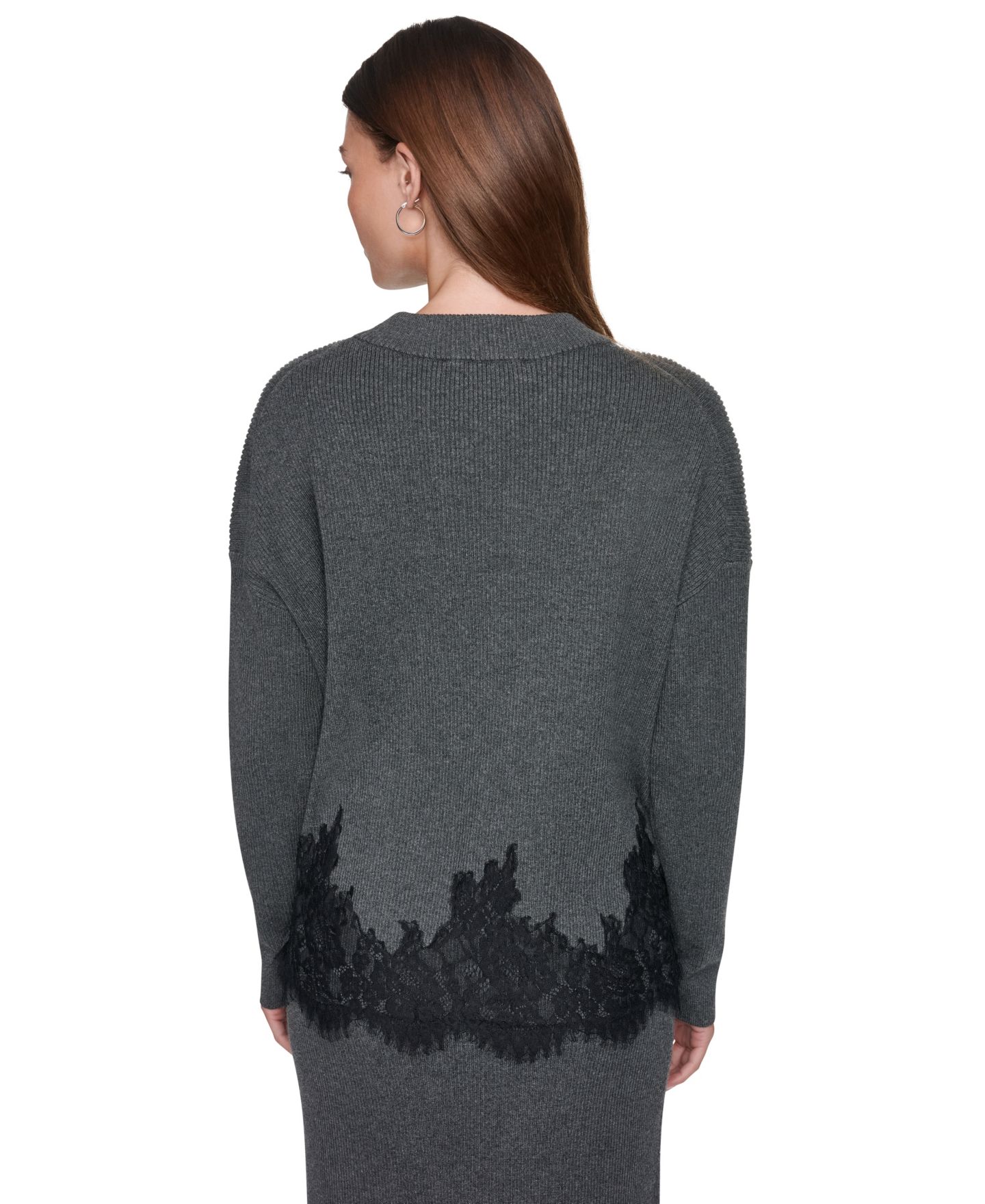 Женский свитер DKNY Lace-Trim Long-Sleeve Loose-Fit, цвет: Асфальтовый — фото 3