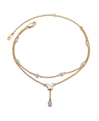 14K Gold Plated Pearl Double Chain Butterfly Summer Anklet