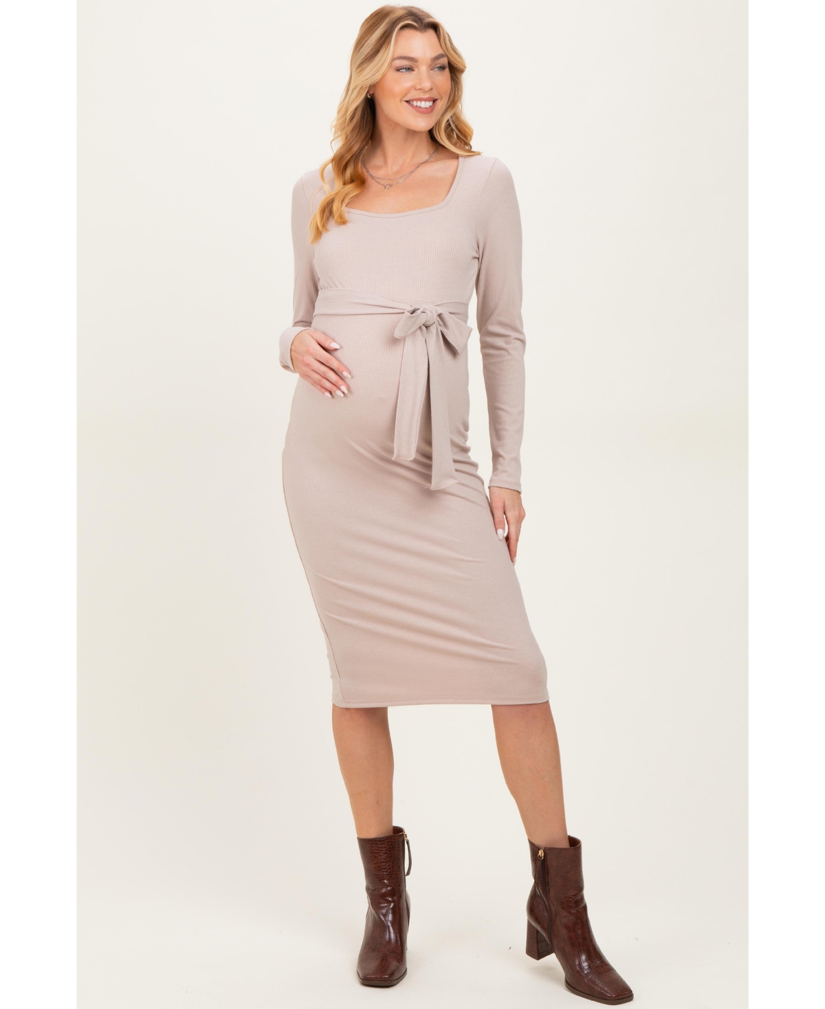 Pinkblush Women's Olive Ribbed Long Sleeve Square Neck Tie Belt Midi Dress - Beige