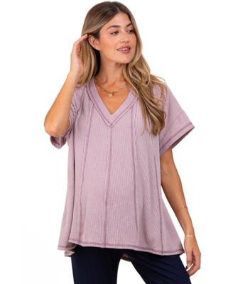 Women's Mauve Striped Ribbed V-Neck Oversized Short Sleeve Top