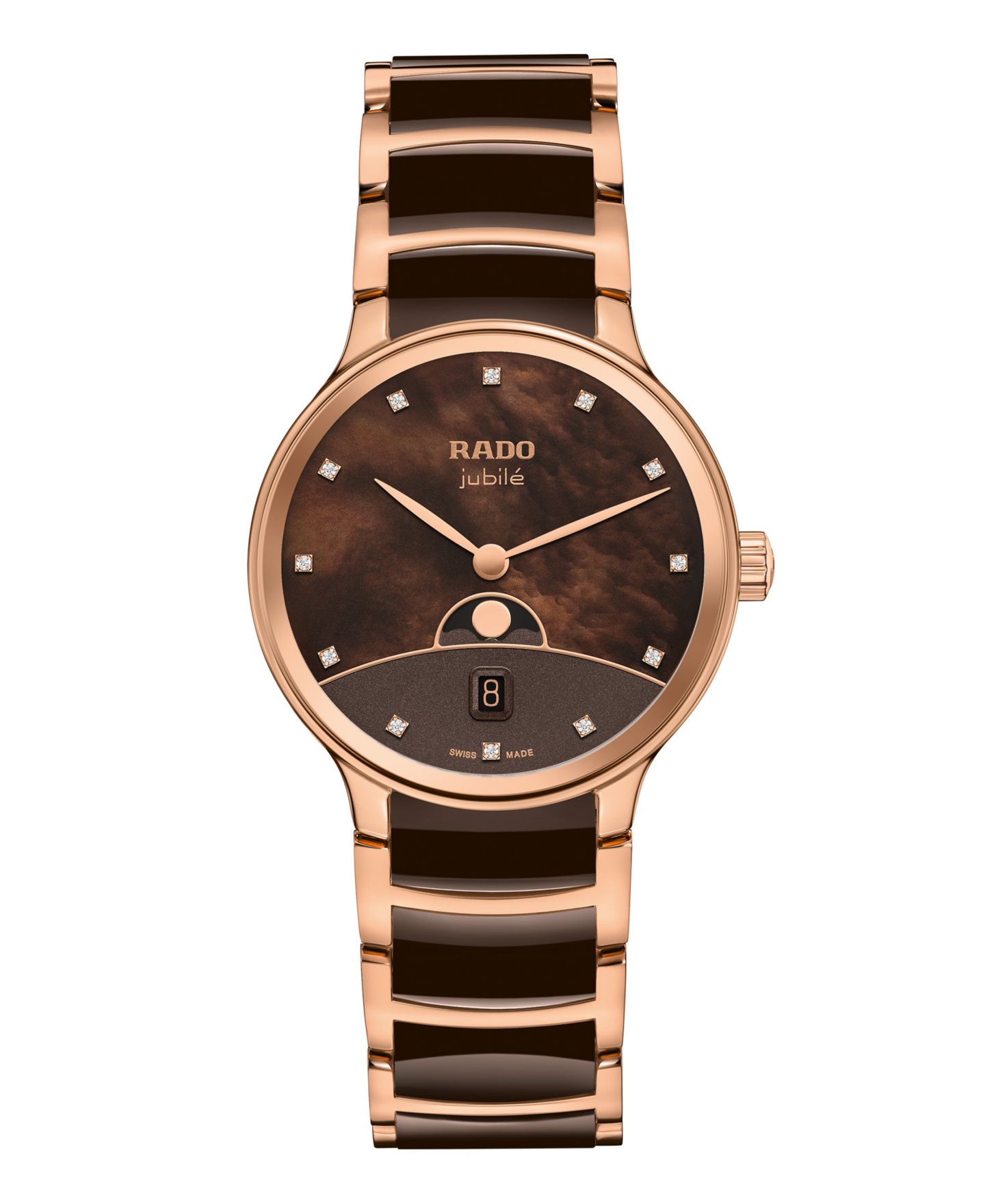 Женские часы Rado Swiss Quartz Centrix Moonphase Stainless Steel and Ceramic Bracelet Watch 35mm — фото 1