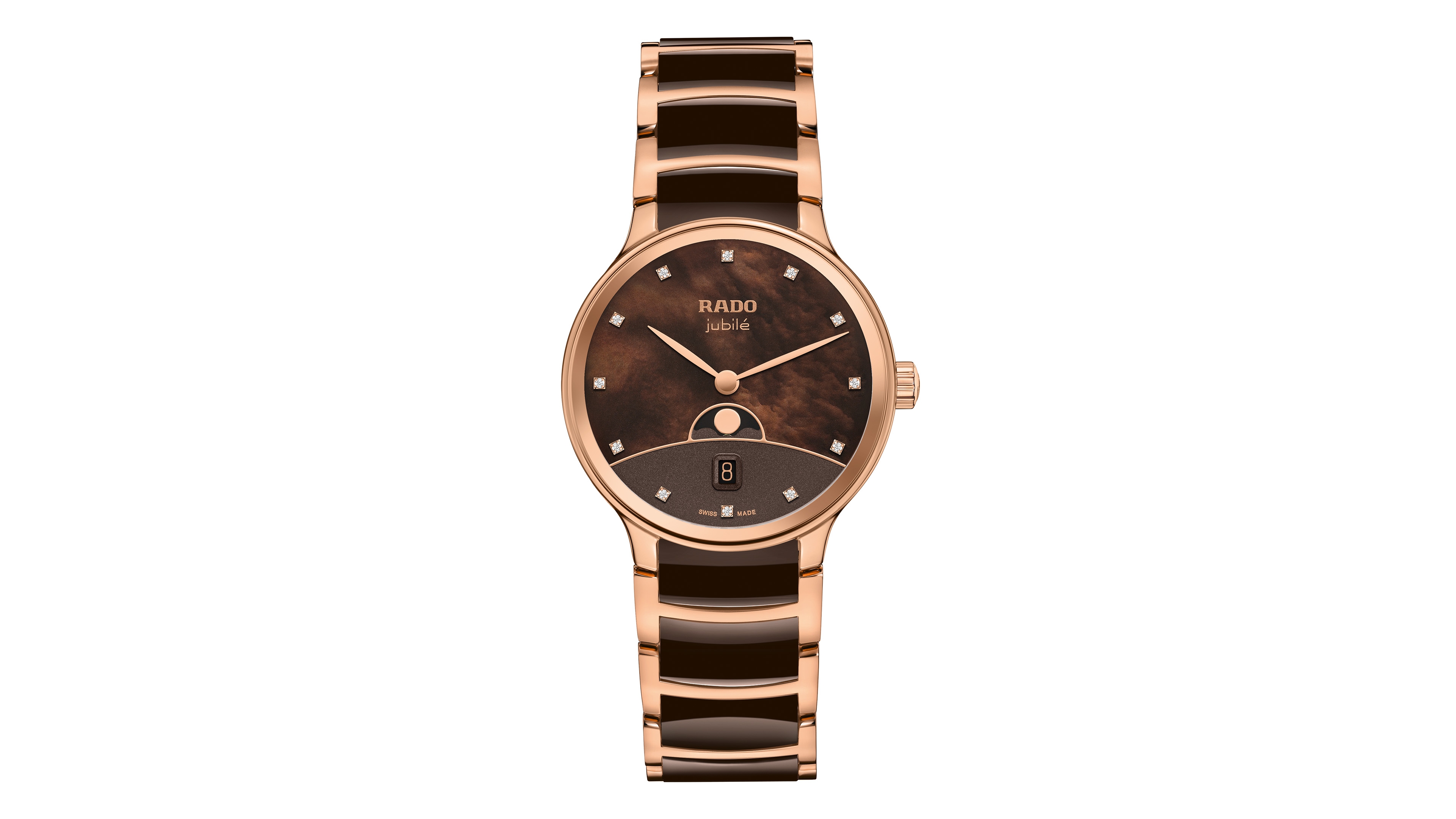 Rado Women's Swiss Quartz Centrix Moonphase Stainless Steel and Ceramic Bracelet Watch 35mm - Brown