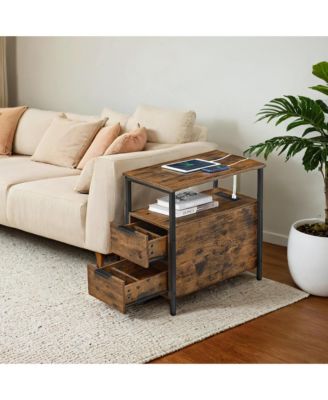 Narrow Side Table with Charging Station, End Table with 2 Drawers, Slim Nightstand