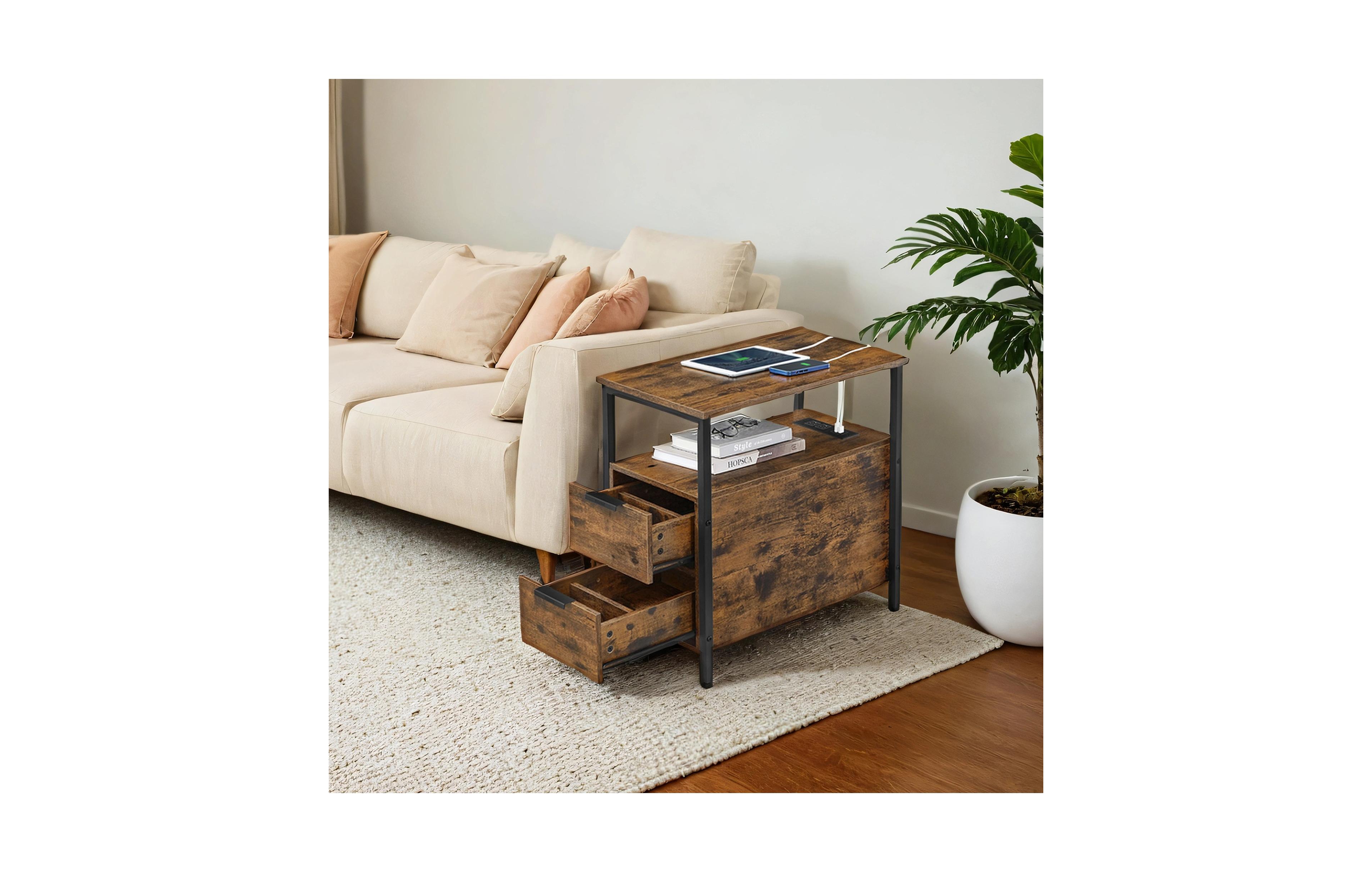 SongmicsHome Narrow Side Table with Charging Station, End Table with 2 Drawers, Slim Nightstand