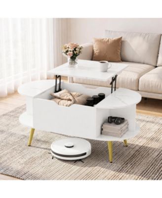 Faux Marble Lift Top Coffee Table with Hidden Compartment, Shelves