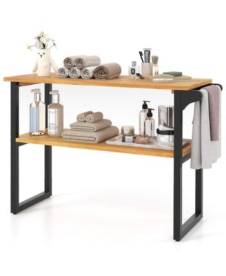 40 Inch 2-Tier Teak Wood and Rosewood Built-In Towel Bar Bathroom Storage Rack