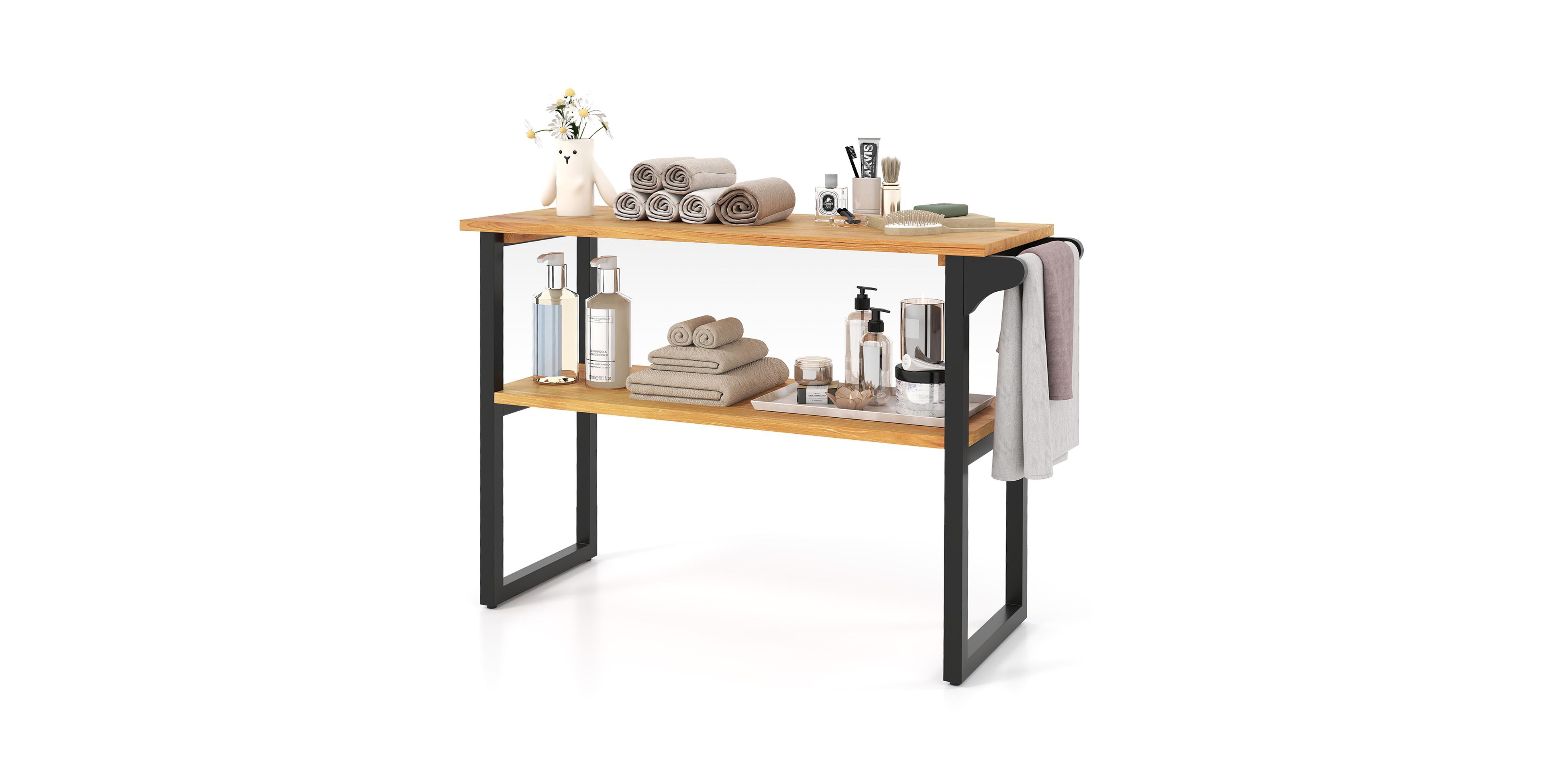 Sugift 40 Inch 2-Tier Teak Wood and Rosewood Built-In Towel Bar Bathroom Storage Rack