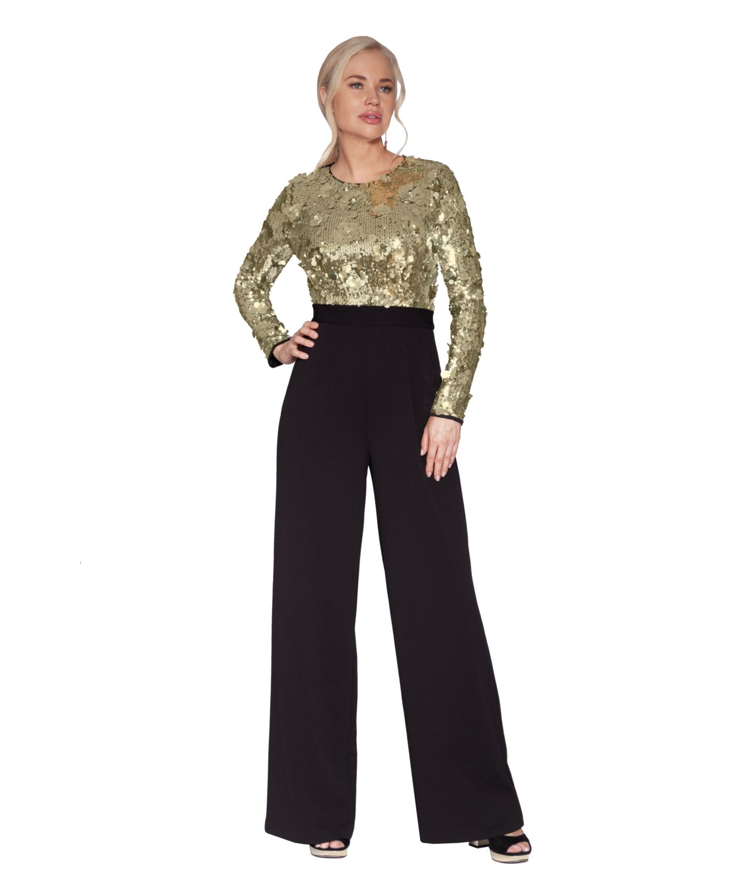 Женский комбинезон WHITE TIE by Shani Sequin Long-Sleeve Wide-Leg Jumpsuit, цвет: Чёрный золотой — фото 2