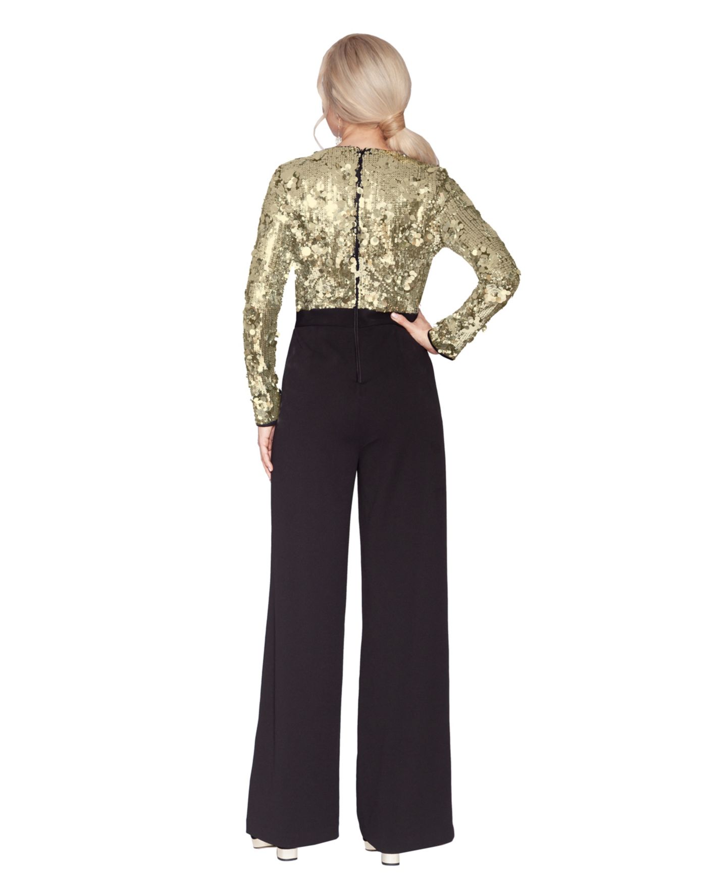 Женский комбинезон WHITE TIE by Shani Sequin Long-Sleeve Wide-Leg Jumpsuit, цвет: Чёрный золотой — фото 4