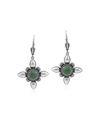 Green Turquoise Compass Star Dangle Earrings (7mm) in Sterling Silver