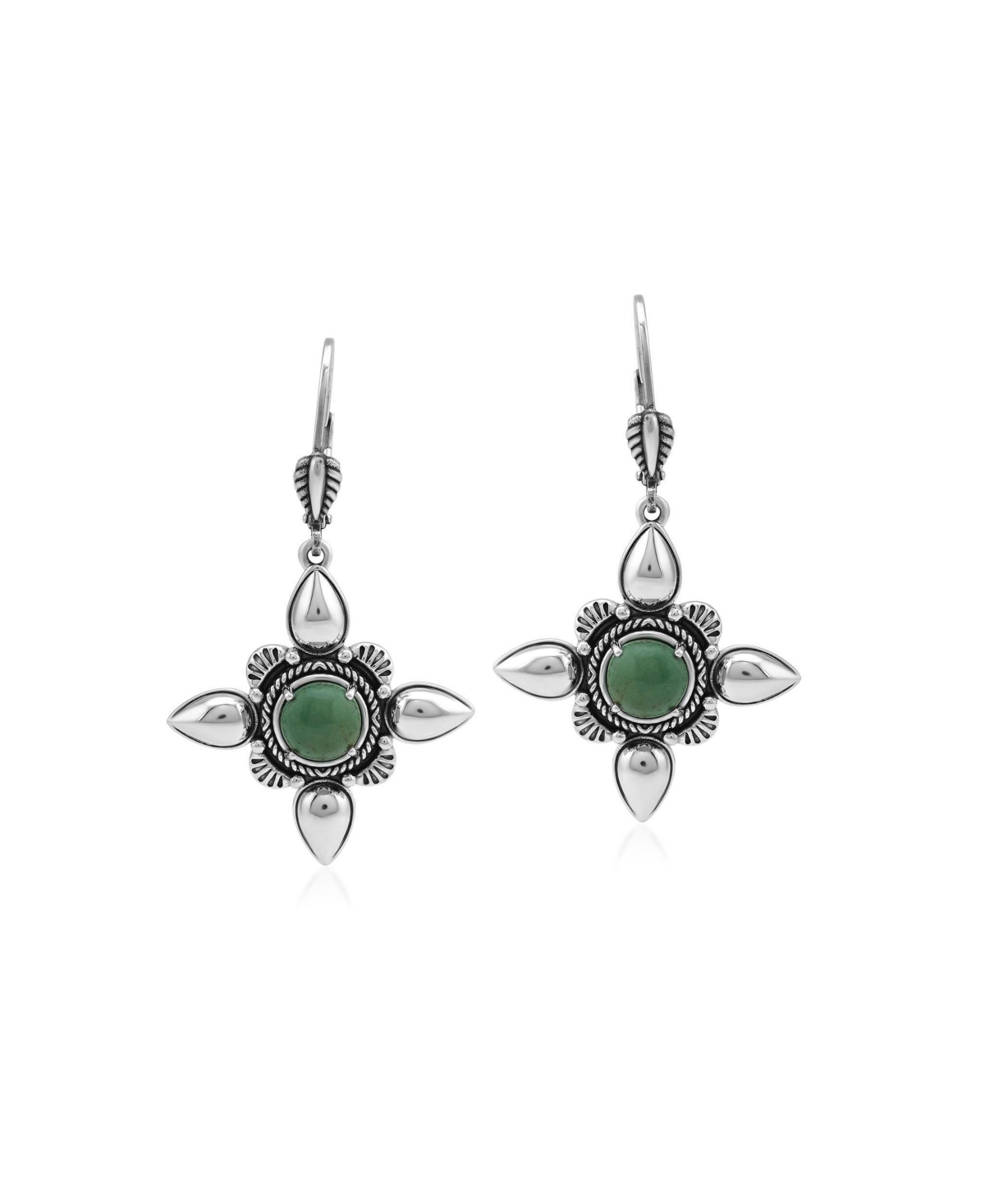 American West Jewelry Green Turquoise Compass Star Dangle Earrings (7mm) in Sterling Silver - Green turquoise
