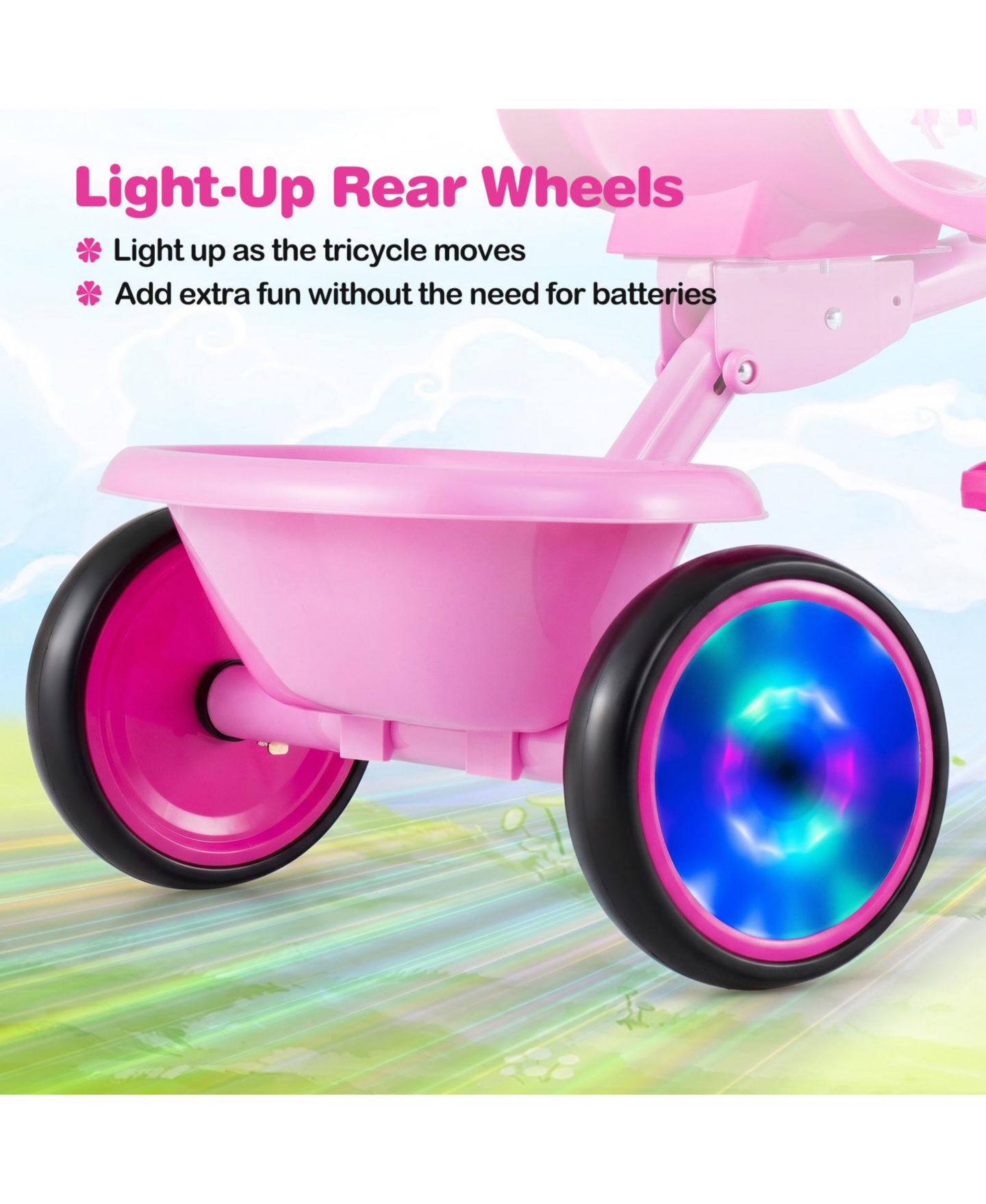 Детская игрушка Costway Foldable Toddler Tricycle with Light-Up Wheels and Adjustable Seat, 55 lb. Capacity, Ages 2-5, цвет: Розовый — фото 10