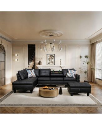 Faux Leather 3-Piece Sofa Set with Storage Ottoman, Reversible Coffee Table and Cup Holders for Living Room