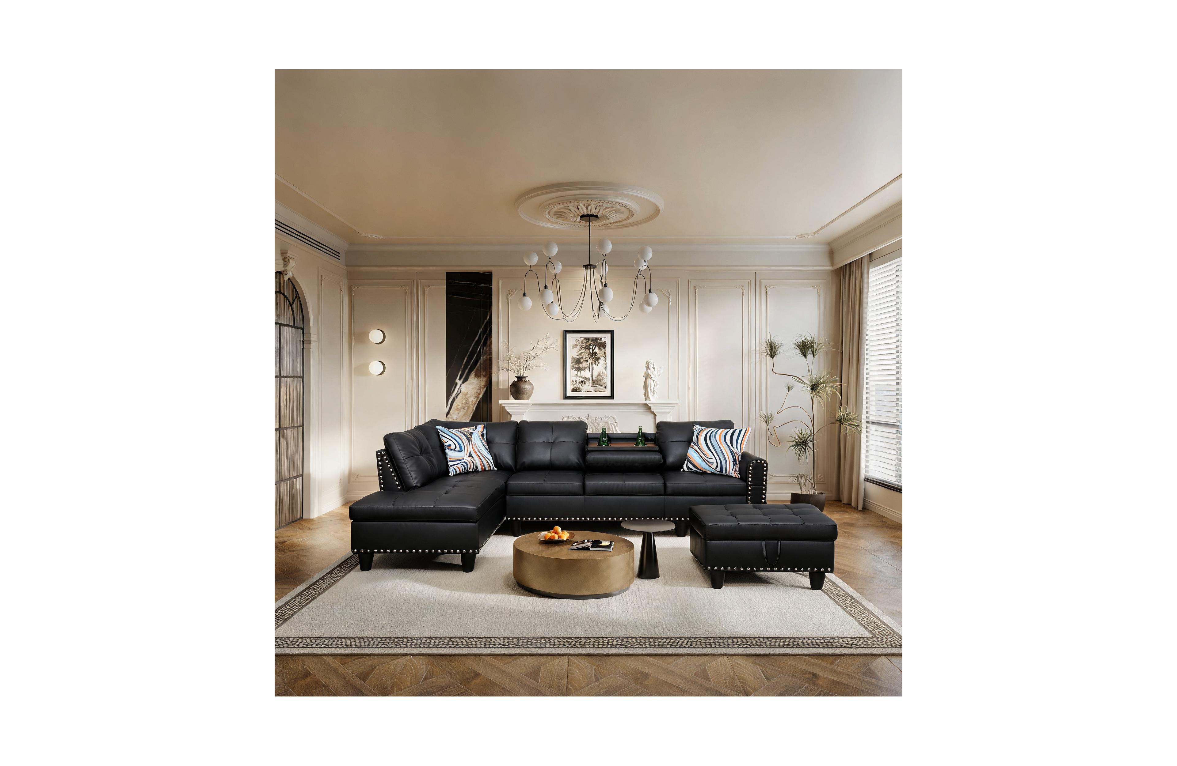 Tribesigns Faux Leather 3-Piece Sofa Set with Storage Ottoman, Reversible Coffee Table and Cup Holders for Living Room