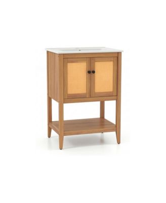 Bathroom Vanity with Ceramic Sink 2 Rattan Doors and Slatted Shelf